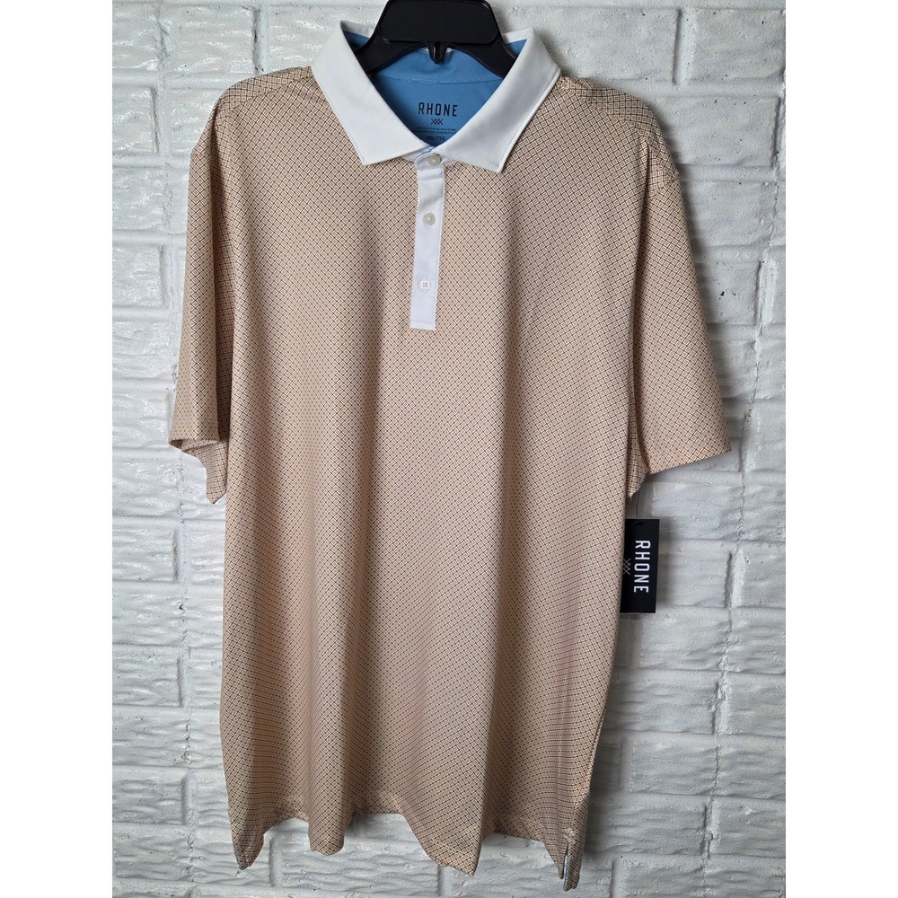 Rhone Golf Sport Polo Mens XXL Beige Tan Diamond Dash Print short sleeve UPF 50+
